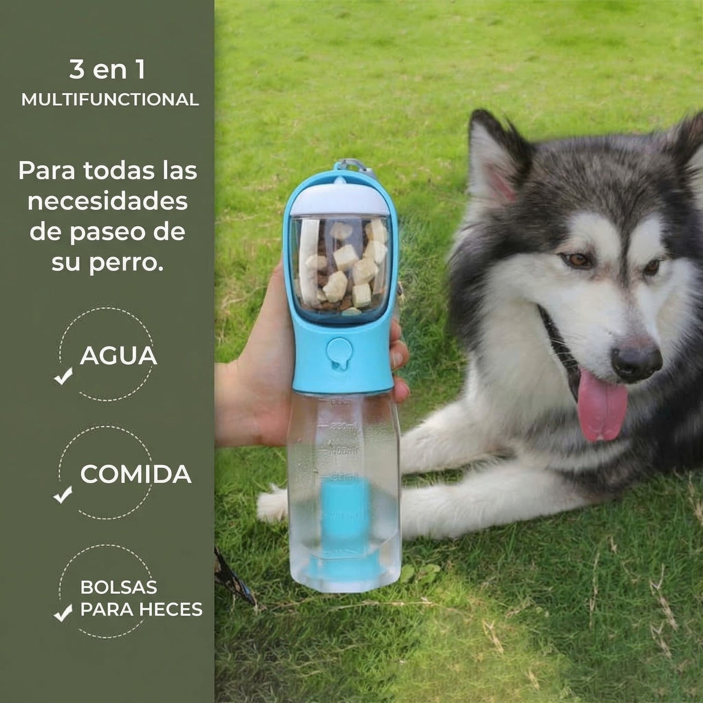 Botella de Agua Portátil Multifuncional 3 en 1 para Paseos con Perros