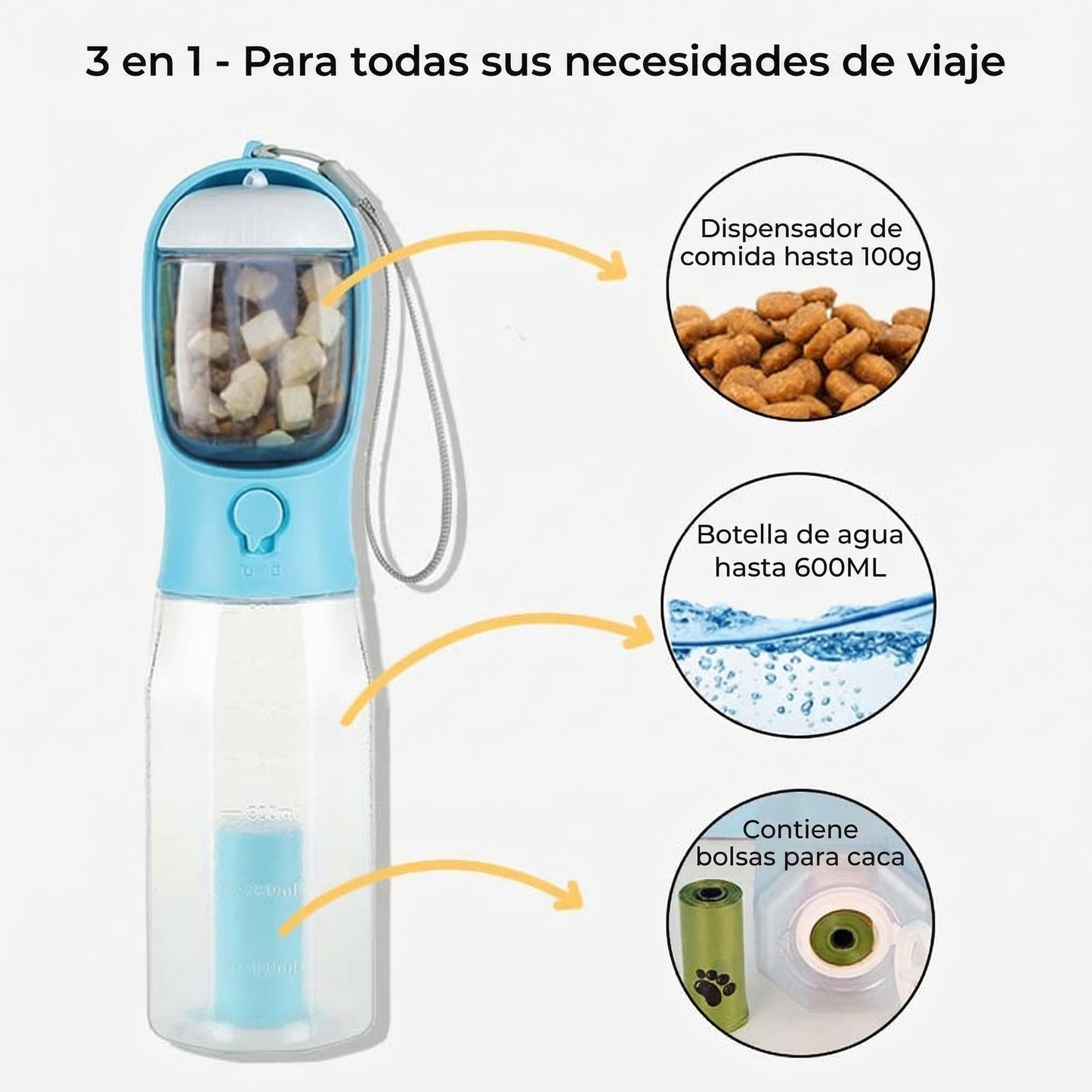 Botella de Agua Portátil Multifuncional 3 en 1 para Paseos con Perros
